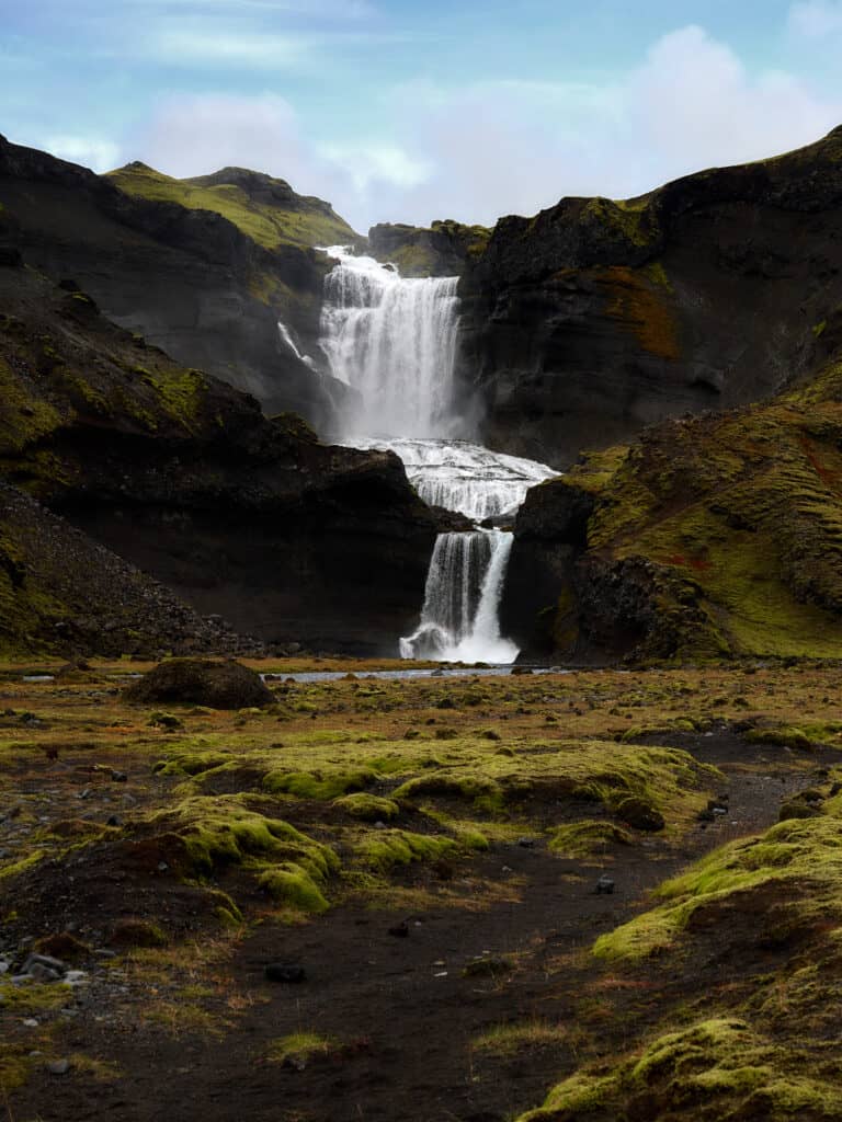 multi layered waterfall in highlands of iceland fjallabak